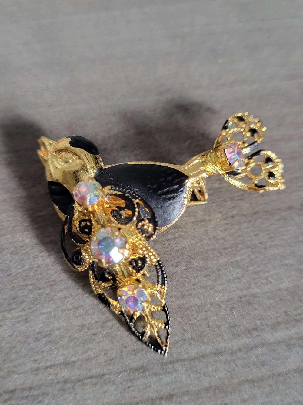 Vintage Austria Bird Brooch • Mid-Century Gold Black Enamel & Aurora Borealis